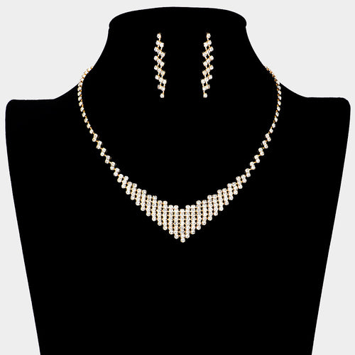 V Shaped Rhinestone Paved Necklace - Clear, Gold