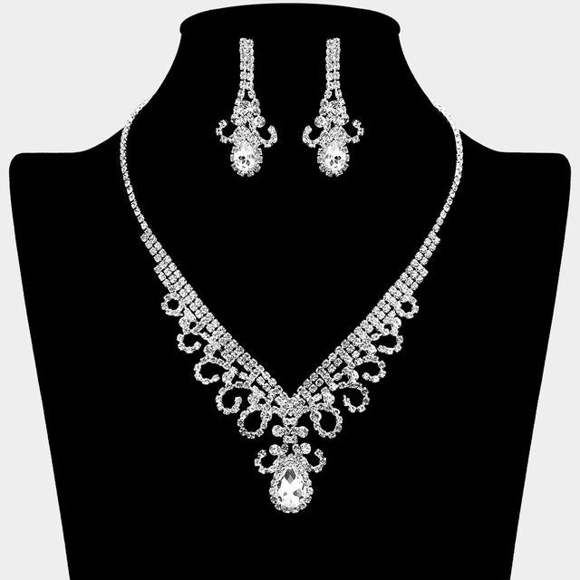 Madeline Love Clear, Silver Teardrop Stone Accented Rhinestone Paved V Shaped Necklace - Jewelry