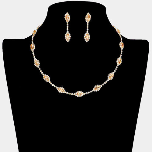 CZ Marquise Stone Pointed Rhinestone Paved Station Necklace - Gold, Lt Col Topaz