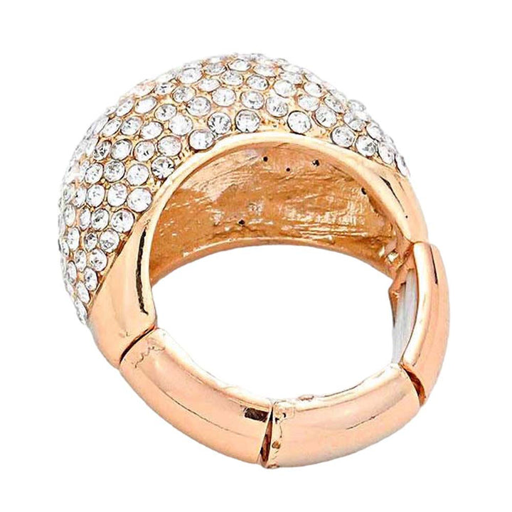 Rose gold This exquisite Crystal Pave Dome Stretch Ring is handcrafted with intricate detail and a unique design. Made with a high-quality alloy metal, the dome shimmers with an array of crystals. A perfect addition to any outfit, adds a touch of elegance to any look. Make your day glitter for you with this ring.