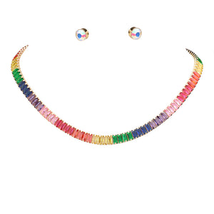 Rainbow Baguette Stone Cluster Evening Necklace, this cluster evening necklace is easy to put on, and take off and so comfortable for daily wear. Pair these with a T-shirt and jeans and you are good to go. These Bracelet goes with any of your outfits and Adds something extra special. 