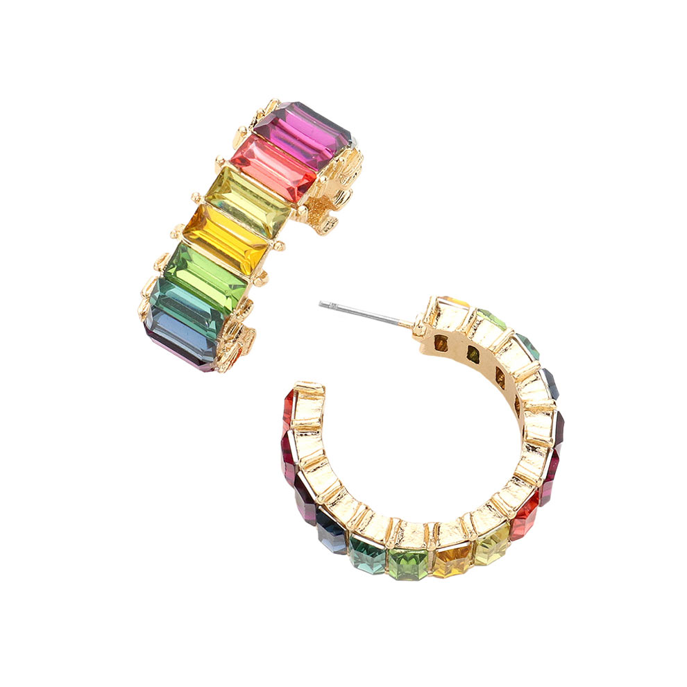 Rainbow Baguette Stone Cluster Hoop Evening Earrings, complete your look with these hoop earrings on special occasions. These beautifully unique designed earrings with beautiful colors are suitable as gifts for wives, girlfriends, lovers, friends, and mothers. An excellent choice for wearing at outings, parties, events, etc.