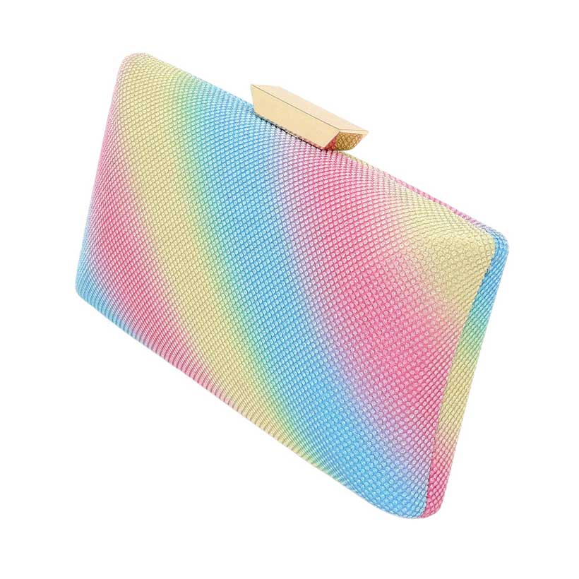 Rainbow Glittered Rectangle Evening Clutch Crossbody Bag adds a touch of glamour to any evening look. Crafted from fine-glittered material, this clutch features a distinctive rectangle shape. The adjustable shoulder strap allows you to effortlessly switch between a clutch and a crossbody bag.