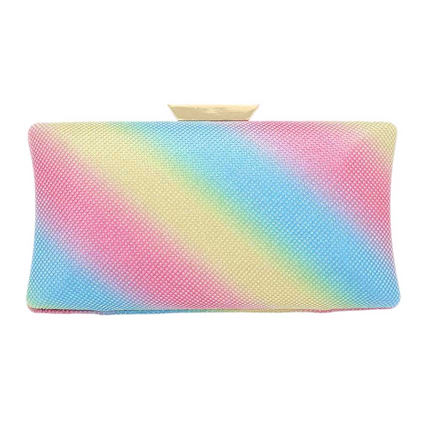Rainbow Glittered Rectangle Evening Clutch Crossbody Bag adds a touch of glamour to any evening look. Crafted from fine-glittered material, this clutch features a distinctive rectangle shape. The adjustable shoulder strap allows you to effortlessly switch between a clutch and a crossbody bag.