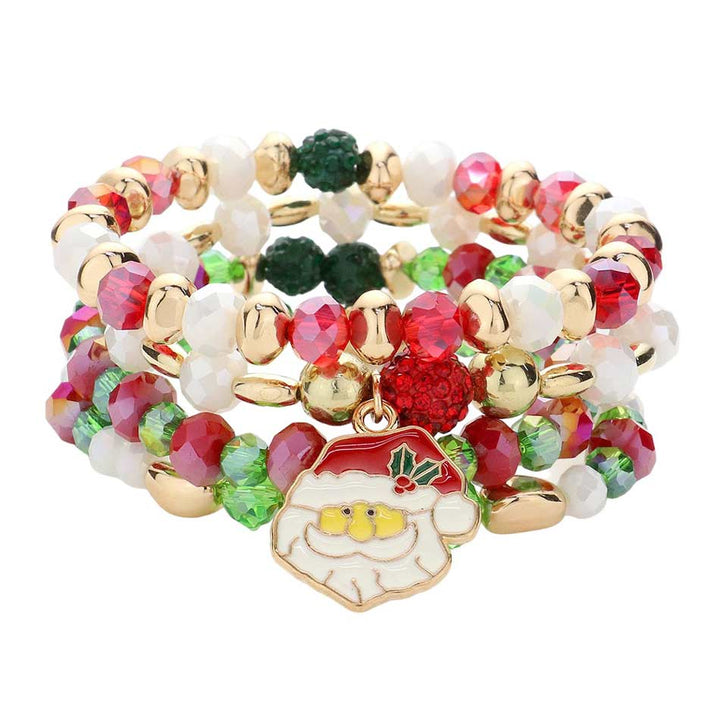 Red 4PCS of Santa Claus Charm Faceted Beaded Stretch Bracelet, it features a unique combination of specialty glass beads, stretchable elastic, and a charm featuring Santa Claus. The bracelet's construction provides an adjustable fit for all wrist sizes. This eye-catching set is perfect for any holiday party. 