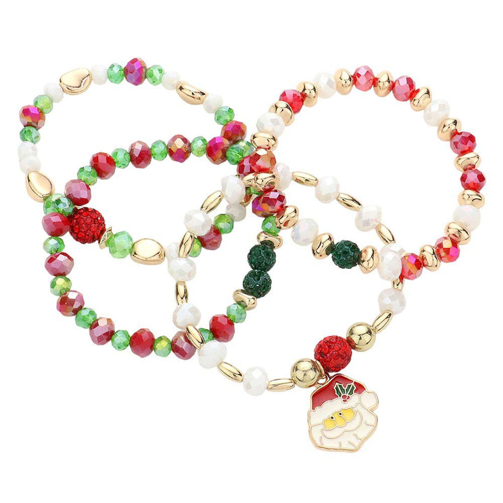 Red 4PCS of Santa Claus Charm Faceted Beaded Stretch Bracelet, it features a unique combination of specialty glass beads, stretchable elastic, and a charm featuring Santa Claus. The bracelet's construction provides an adjustable fit for all wrist sizes. This eye-catching set is perfect for any holiday party. 