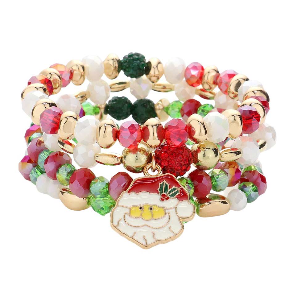 Green 4PCS of Santa Claus Charm Faceted Beaded Stretch Bracelet, it features a unique combination of specialty glass beads, stretchable elastic, and a charm featuring Santa Claus. The bracelet's construction provides an adjustable fit for all wrist sizes. This eye-catching set is perfect for any holiday party. 