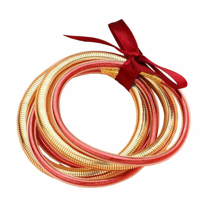 Red 5PCS Glitter Jelly Tube Metal Elastic Layered Bracelets made with high-quality materials. The elastic design ensures a comfortable fit for all wrist sizes. 