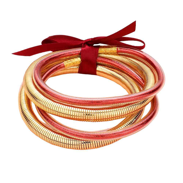 Red 5PCS Glitter Jelly Tube Metal Elastic Layered Bracelets made with high-quality materials. The elastic design ensures a comfortable fit for all wrist sizes. 