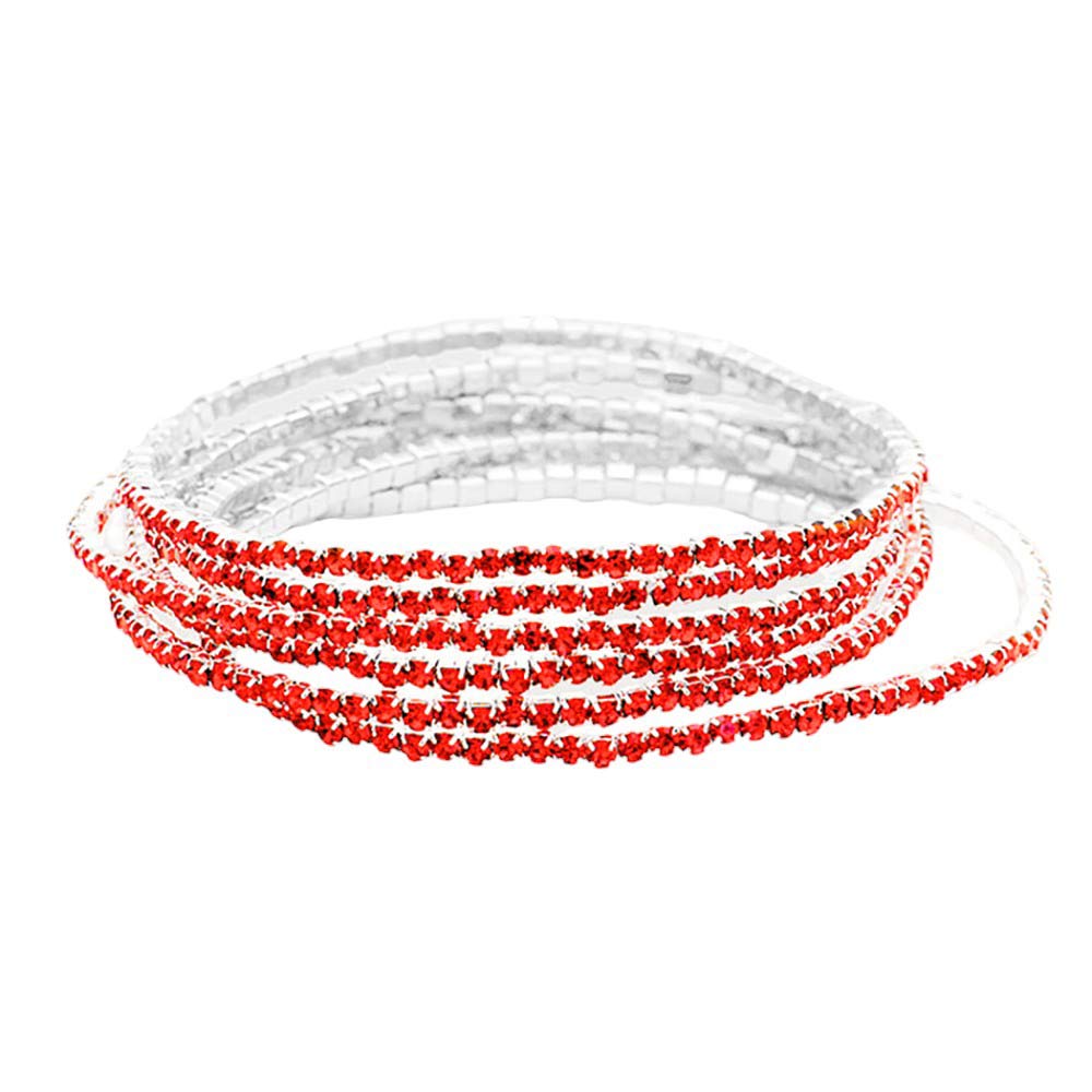 Red 6PCS - Rhinestone Multi Layered Stretch Evening Bracelets, Perfect for a formal event or adding some glam to your everyday look. The sparkling rhinestones will catch the light and make you shine! Get ready to turn heads and feel confident with each wear. The ideal choice for making a lovely gift to your loved ones.