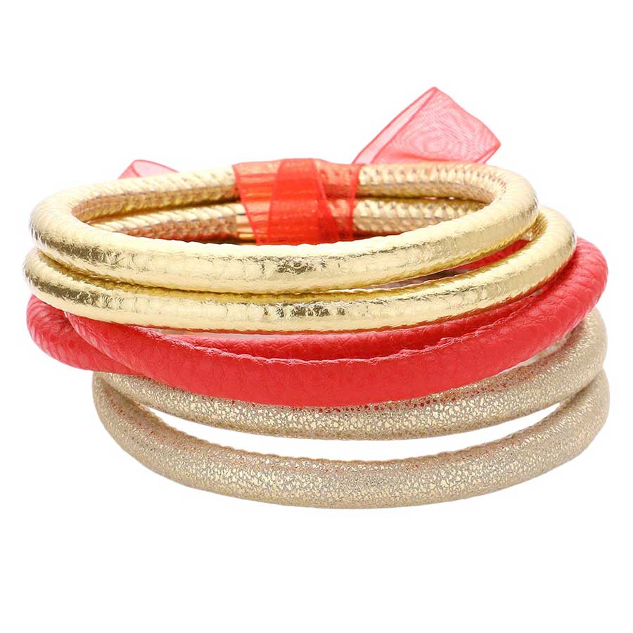 Red 6pcs Faux Leather Tube Bangle Bracelets, offers a stylish, yet affordable way to add a touch of fashion and elegance to any look. Crafted with quality materials, these bracelets are durable and designed to last. Perfect for accessorizing any outfit, these faux leather bangle bracelets will add a unique touch of class.