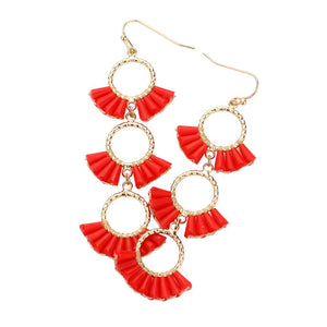 Red Beaded Triple Hoop Dropdown Dangle Earrings, are an eye-catching accessory. With three interlocking rings, each beaded with vibrant colors, this earring set provides a perfect accent to any outfit. Lightweight and fashionable, these earrings can be dressed up or down, making them suitable for any occasion.