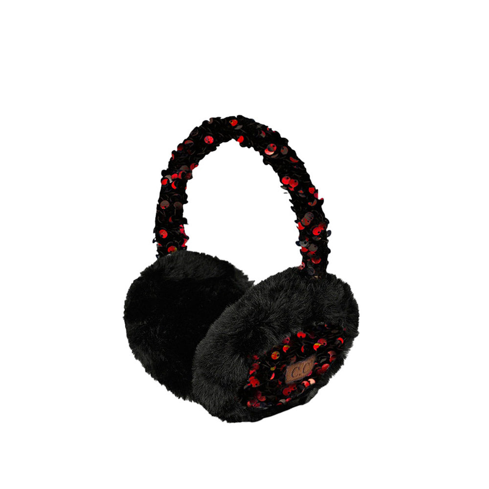 Red Black C.C Faux Fur Sequin Earmuff, this earmuff is designed with a faux fur and sequin finish for style and warmth. This is the perfect winter accessory for any occasion or any outdoor activity. It is lightweight and adjustable, offering comfort and superior insulation against cold temperatures. Perfect winter gift choice.