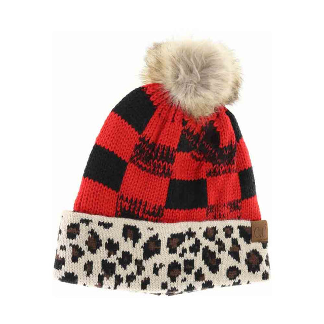 Red Black This Leopard/Buffalo Mixed Print Fur Pom C.C Beanie combines two bold patterns for a striking, fashion-forward look. Crafted with soft, warm materials, it offers cozy comfort and excellent insulation for cold weather. The plush fur pom adds a touch of playful elegance, making it a versatile accessory that complements both casual and chic winter outfits. Ideal for those who want to stay warm without sacrificing style.