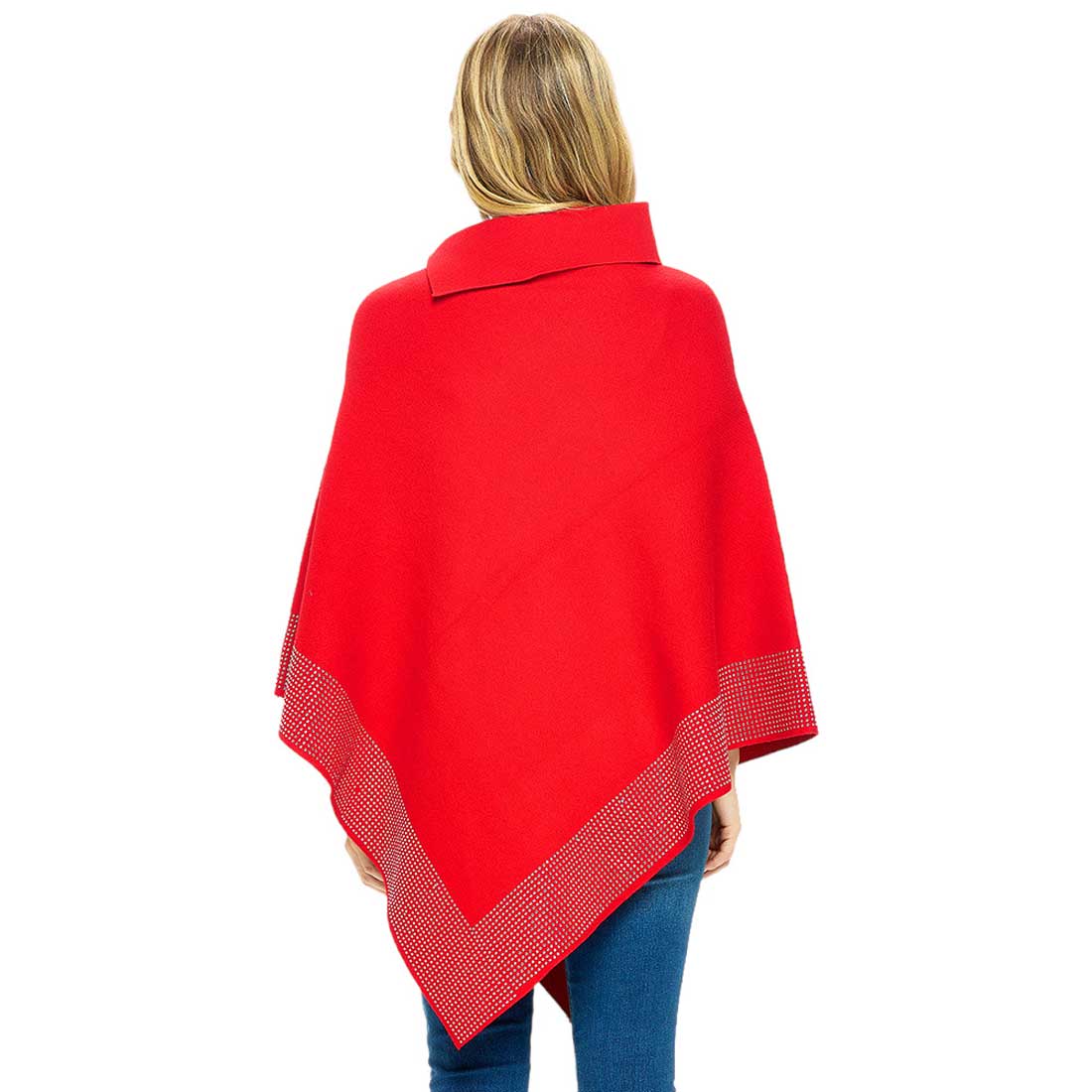 Red Bling Border Solid Neck Poncho, with the latest trend in ladies' outfit cover-up! the high-quality knit neck poncho is soft, comfortable, and warm but lightweight. Stay protected from the chilly weather while taking your elegant looks to a whole new level with an eye-catching, luxurious casual outfit for women!