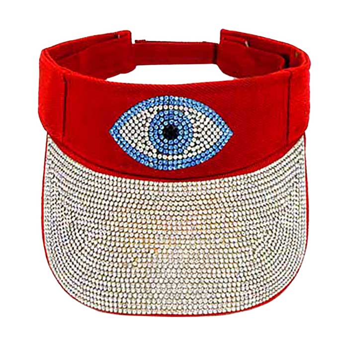 Red Bling Evil Eye Accented Visor Hat, keep your styles on even when you are relaxing at the pool or playing at the beach. Large, comfortable, and perfect for keeping the sun off of your face and neck. Ideal for travelers who are on vacation or just spending some time in the great outdoors.