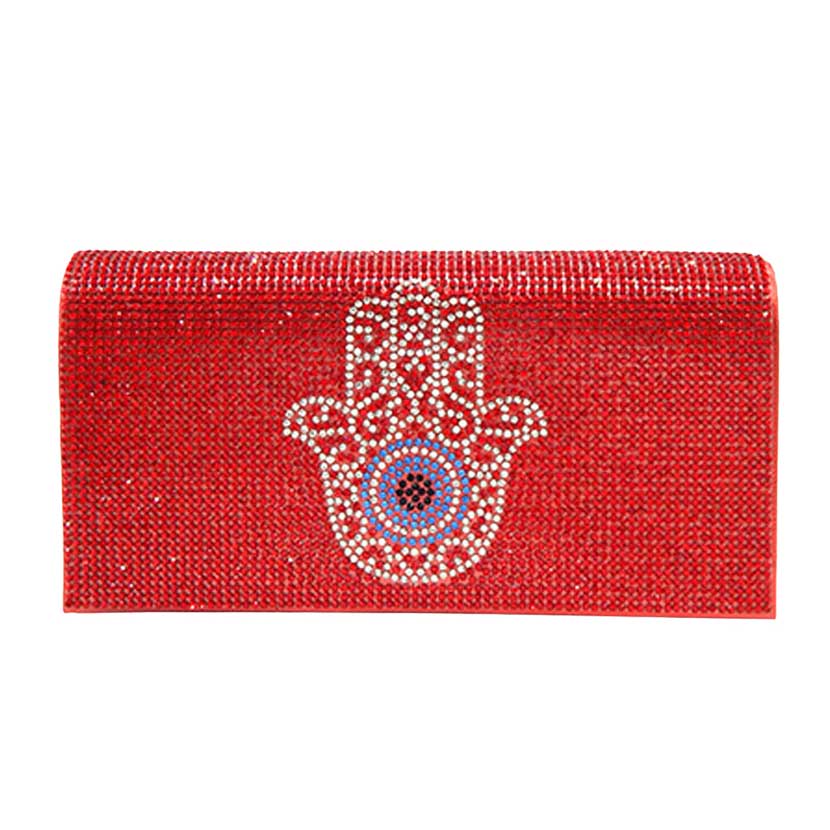 Red Bling Evil Eye Hamsa Hand Evening Clutch Crossbody Bag, is beautifully designed and fit for all special occasions & places. Perfect for makeup, money, credit cards, keys or coins, and many more things. This bling evil eye crossbody bag feature contains a detachable shoulder chain and magnetic closure that makes your life easier and trendier.