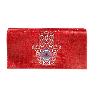Red Bling Evil Eye Hamsa Hand Evening Clutch Crossbody Bag, is beautifully designed and fit for all special occasions & places. Perfect for makeup, money, credit cards, keys or coins, and many more things. This bling evil eye crossbody bag feature contains a detachable shoulder chain and magnetic closure that makes your life easier and trendier.