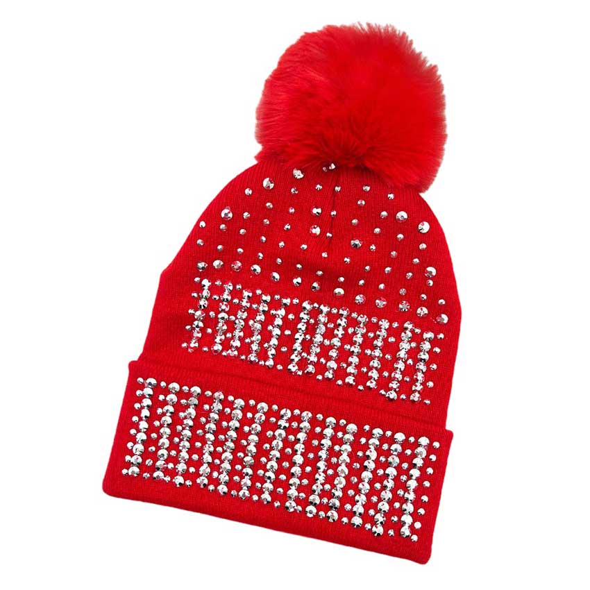 Red Bling Pom Pom Beanie Hat, Look stylish this winter in this beanie ha. Features a beautifully sequined pattern and a luxurious faux fur pom-pom, designed to make a statement. It's perfect for any outdoor activity, keeping your head warm and fashionable. Perfect winter gift idea for fashion-loving ones.