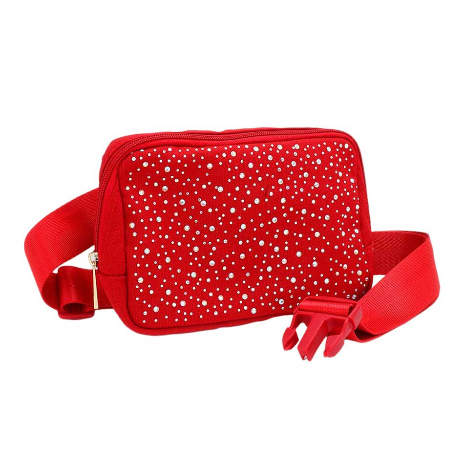 Red Bling Sling Bag Fanny Bag Belt Bag, is both stylish and functional. With its adjustable shoulder strap, it is conveniently worn across the body for hands-free convenience and a secure fit. Its sleek design features bling detailing, making it perfect for everyday wear. A functional companion for outdoor activities.