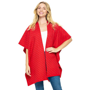 Red Bling Solid Ruana Poncho, Crafted from soft fabric, this poncho features a luxurious sparkle for a touch of glamour. With a ruana-style cut, the poncho is designed for maximum comfort and added coverage. Perfect for cooler days, it will quickly become a wardrobe staple. Give the perfect gift with this poncho.
