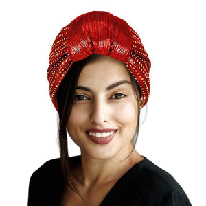 Red Bling Turban Hat, this stylish hat is sure to turn heads. Crafted using premium materials, the hat features a modern design with sparkling sequins to create an eye-catching look. Perfect for special occasions, this hat is sure to add a touch of glamour to any outfit. Fashionable winter gift idea.