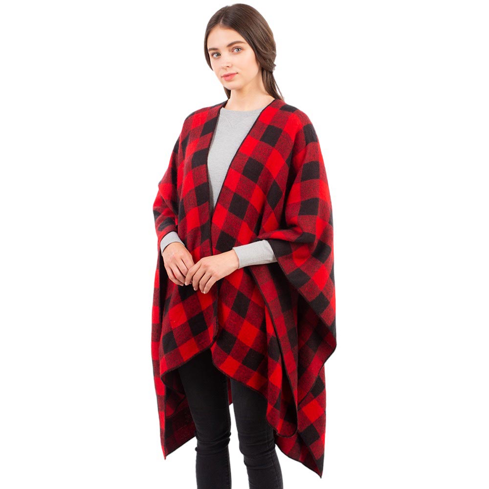 Black Buffalo Plaid Pattern Cape Ruana Poncho, is perfect for making a fashion statement in the cold times. The unique pattern combines classic buffalo plaid with a modern cape look. Crafted of lightweight materials, it features a full-length design for an effortless style, making it a great winter gift. 