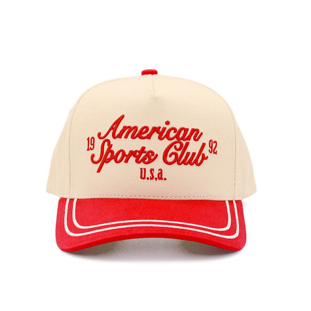 Red CC Beanie “American Sports Club” Letter Embroidered Two-Tone Trucker Hat Baseball Cap features bold embroidered lettering with a sporty, patriotic vibe and a stylish two-tone design. The classic trucker silhouette provides breathable comfort and an adjustable fit for everyday wear.