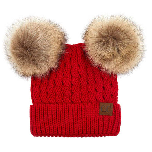 C.C Women's Double Pom All Over Cable Knit Beanie - Red