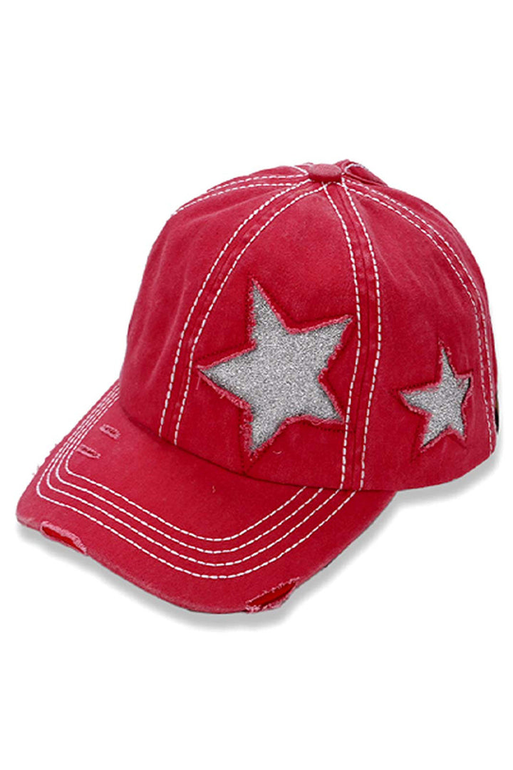 Red C.C GLITTER STAR BASEBALL PONYCAP is a stylish and functional accessory. Made with high-quality materials, it adds a touch of glitz to your wardrobe. The baseball-style provides sun protection, while the ponytail opening adds convenience. Upgrade your hat collection with this must-have piece.