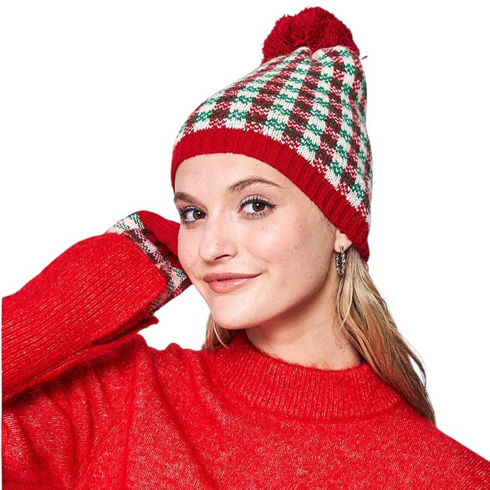 Red Check Patterned Pom Pom Beanie Hat. This knitted beanie features a classic check pattern in multiple color options and a luxurious pom pom. It’s perfect for any cold weather activity and adds a colorful touch to any outfit. Ideal for gifting to your friends and family members or to treat yourself on chilly days.