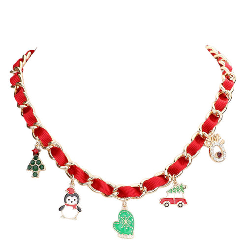 Collar con colgante de coche, guante de pingüino, gorro de Papá Noel y árbol de Navidad - Rojo
