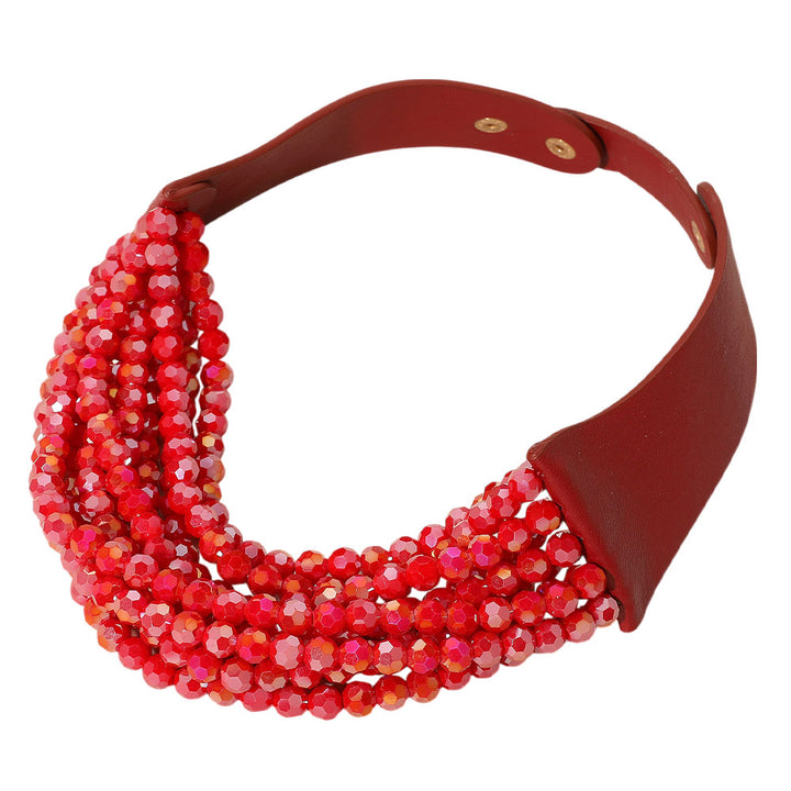 Red Chunky Acrylic Beaded Multi Layered Faux Leather Necklace is a stylish accessory that adds a touch of elegance to any outfit. The chunky acrylic beads and multi-layered design make it a bold statement piece. Made with faux leather, it is also durable and long-lasting. Perfect for any occasion, this necklace is a must-have for any fashion-forward individual. 