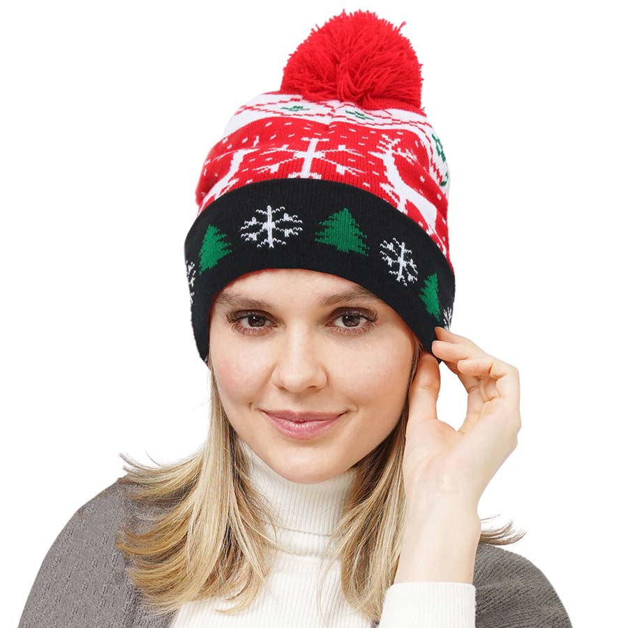 Red Deer Snowflake Christmas Tree Pom Pom Beanie Hat, wear this beautiful beanie hat with any ensemble for the perfect finish before running out the door into the cool air. It's an excellent gift for your friends, or family for Christmas, especially for your friends, family, and the people you love and care about.