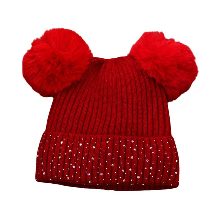 Red Double Pom Pom Bling Studded Cuff Beanie Hat, stay warm and stylish with our beanie hat. This hat features two pom poms, studded accents, and a cozy cuff.