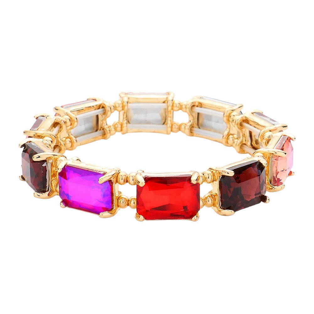 Red Emerald Cut Stone Stretch Evening Bracelet, crafted from shimmering and high-quality glass beads. The Emerald cut of the stones makes sparkle and adds a touch of sophistication to any special occasion outfit. A timeless piece of jewelry perfect in any collection. Perfect gift for special ones on any special day.
