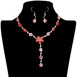 Red Enamel Flower Stone Embellished Y Choker Jewelry Set, This beautiful set offers a unique eye-catching piece crafted with quality materials for a striking addition to any look. The set is adorned with bright enamel flowers and glimmering stones for a chic and elegant look. Wear it and dazzle on any special occasion.