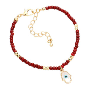 Red Evil Eye Centered Hamsa Hand Charm Seed Beaded Bracelet, these evil eye-centered hamsa hand charm seed beaded bracelets are easy to put on, and take off and so comfortable for daily wear. Awesome gift for birthdays, Valentine’s Day, or any meaningful occasion.