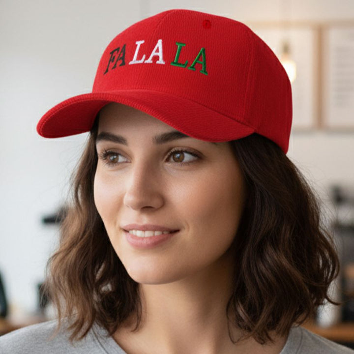 Celebrate the season with this playful holiday cap featuring FA LA LA embroidered in festive colors. A fun Christmas accessory that adds cheer to any outfit, perfect for parties, gatherings, or gifting. Adjustable fit makes it a stylish novelty hat for spreading holiday spirit all season long.