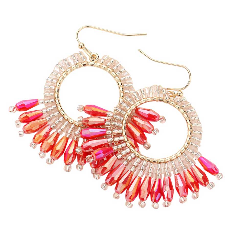 Red Faceted Beaded Dangle Earrings, will add a touch of subtle sparkle to your outfit. Crafted with a modern and eye-catching design, these earrings feature a faceted bead, a tiered circle, and a dangle pattern for a unique and stylish look. Perfect for either a special occasion or everyday wear.