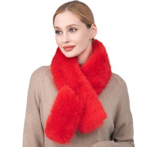 Red Faux Fur Solid Pull Through Scarf. Keep cozy and stylish with this Scarf. Crafted from luxurious faux fur, this scarf will provide you with comfort and unparalleled warmth in winter. Thoughtful and stylish gift for fashion loving friends and family members, special ones, colleagues, or Secret Santa gift exchange. 