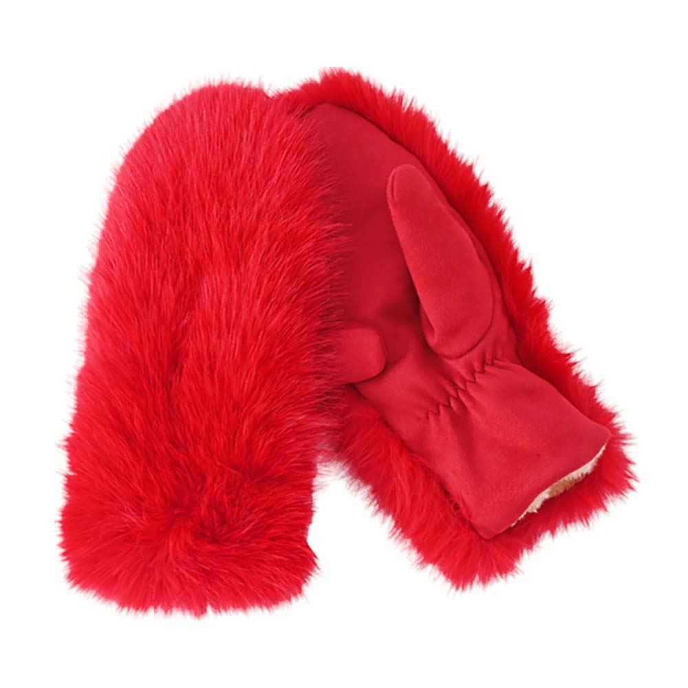 Red-Faux Fuzzy Fur Mitten Gloves offer warmth and style in one. Made with soft, faux fur material, they are perfect for keeping your hands cozy during the colder months. With their unique mitten design, they provide added protection and functionality. Stay fashion-forward and comfortable with these must-have gloves. 