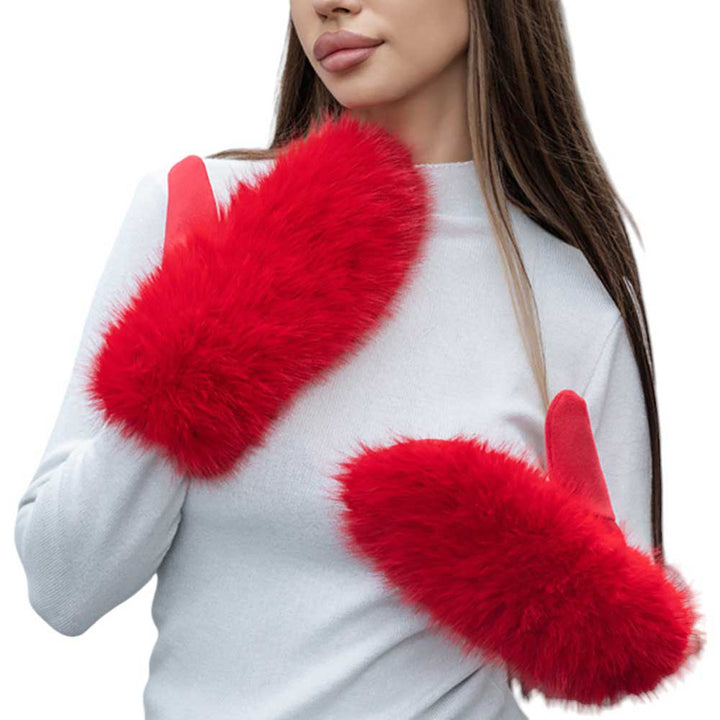 RED-Faux Fuzzy Fur Mitten Gloves offer warmth and style in one. Made with soft, faux fur material, they are perfect for keeping your hands cozy during the colder months. With their unique mitten design, they provide added protection and functionality. Stay fashion-forward and comfortable with these must-have gloves. 