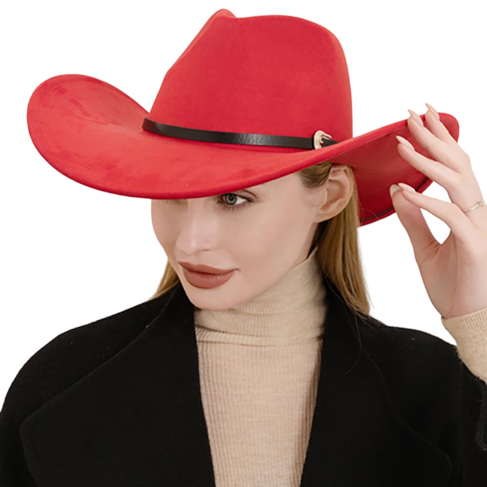 Red Faux Leather Band Solid Cowboy Fedora Panama Hat, Look great in any setting with this hat. Featuring a smooth, classic design with a solid faux leather band and a western theme, this hat provides both timeless style and versatility. It's the perfect accessory for any casual or formal look.