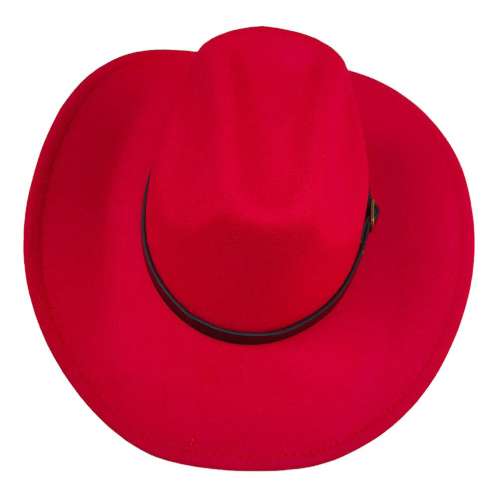 Red-Faux Leather Belt Pointed Western Cowboy Fedora Hat, Made with high-quality faux leather, this fedora hat features a pointed design and a belt for added style. Perfect for any occasion, it's the perfect accessory for any fashion-savvy individual. Upgrade your look with this must-have hat.
