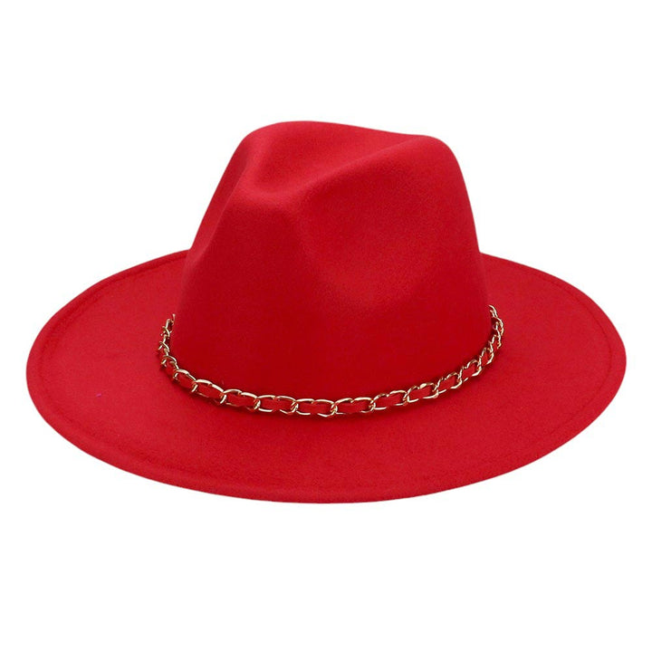 Red-Faux Leather Braided Chain Band Pointed Fedora Hat offers a sleek and stylish accessory for any outfit. Made with high quality materials, the faux leather and braided chain band add a touch of sophistication to the classic pointed fedora shape. Upgrade your look with this trendy and durable hat.