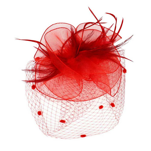 Feather Mesh Flower Fascinator Headband - Red