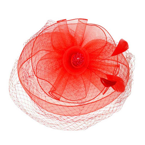 Feather Mesh Flower Fascinator Headband - Red