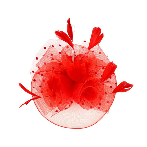 Feather Mesh Flower Fascinator Headband - Red