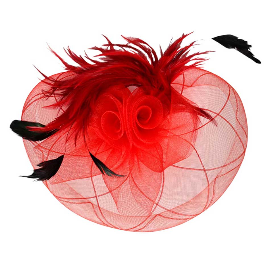 Red Feather Pearl Cluster Mesh Flower Fascinator Headband, is crafted with luxury materials, including feathers, pearls, and mesh. Its bold design is sure to add a unique and glamorous touch to your ensemble. Perfect for making an exquisite gift, attending any special events, or everyday wear. 